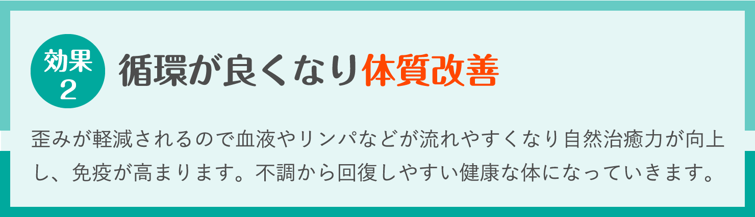 循環が良くなり体質改善。歪みが軽減されるので血液やリンパなどが流れやすくなり自然治癒力が向上し、免疫が高まります。不調から回復しやすい健康な体になっていきます。